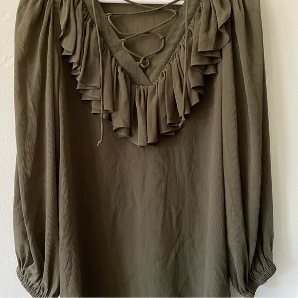 Olive Green Ruffled Women's Top - Picture 2 of 2